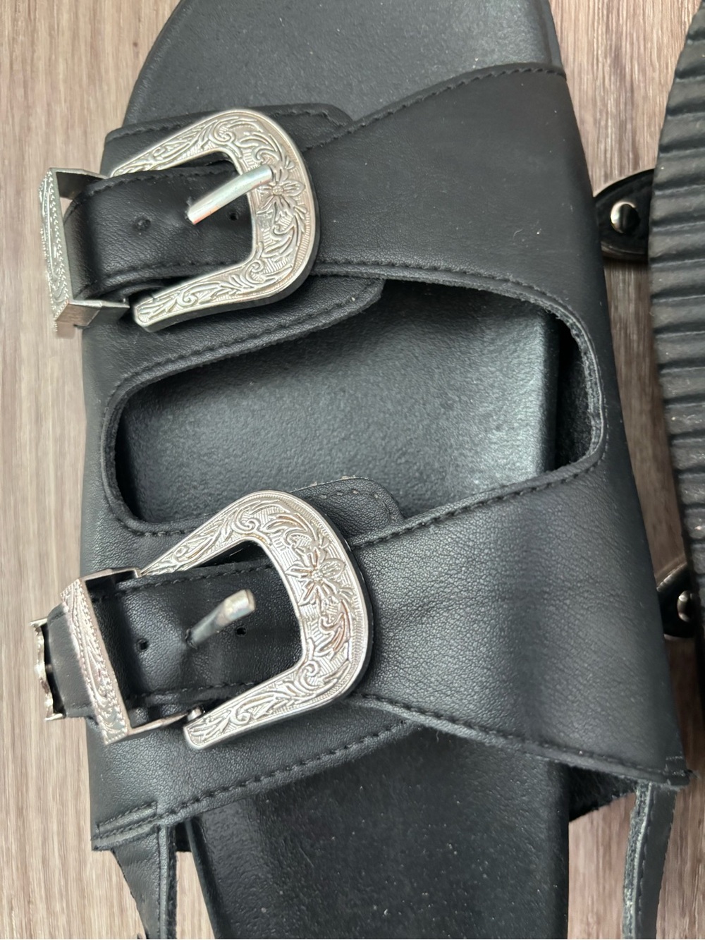 Women's Black Double-Buckle Slide Sandals